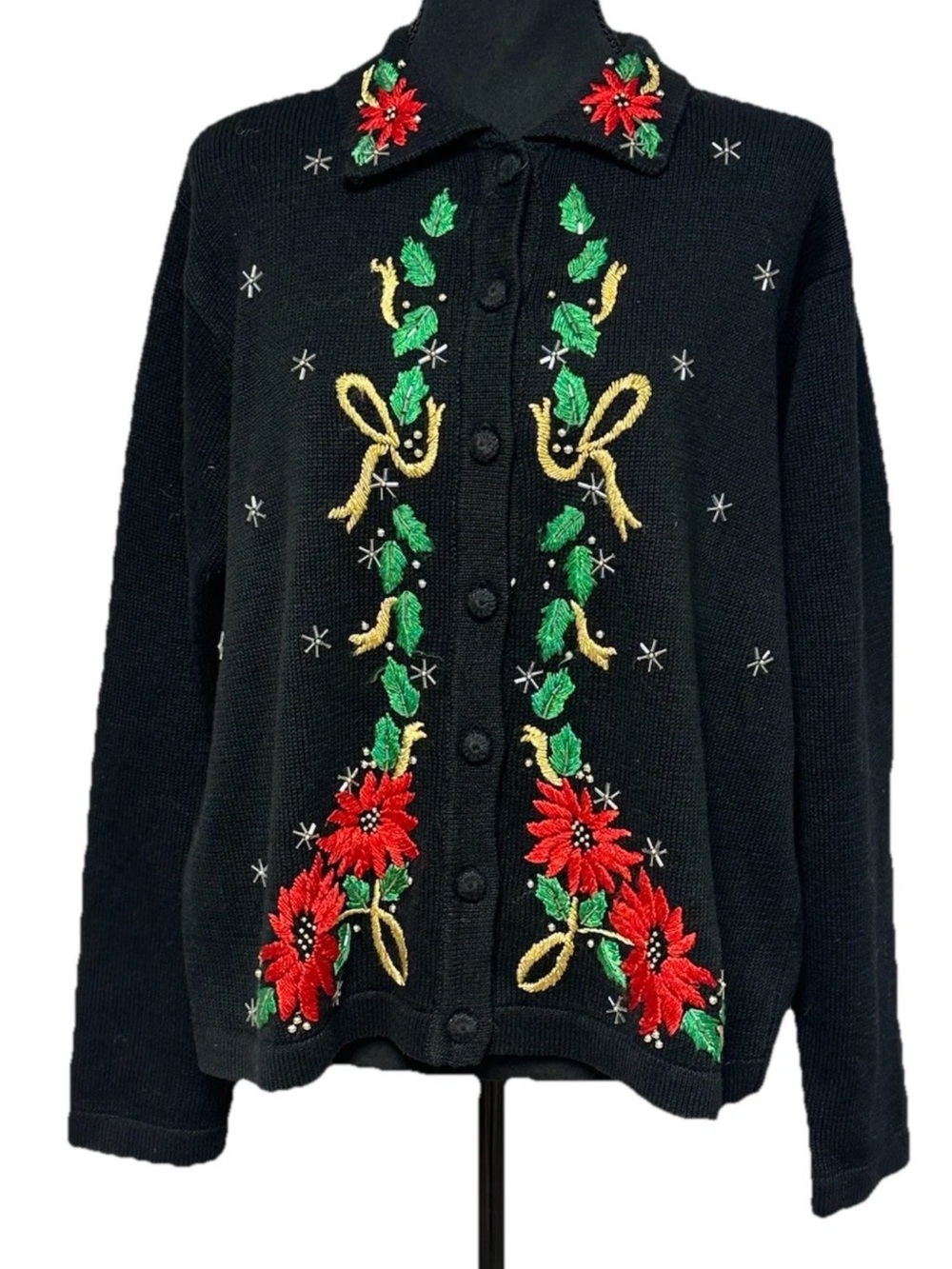 Vtg OHI Women’s Cardigan Sweater Christmas Embroidered Poinsettia Beads Size L